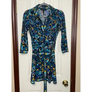 BCBGMAXAZRIA XS‎ Dress Blue Yellow Gray Polka Dot 3/4 Sleeve Belted Mini